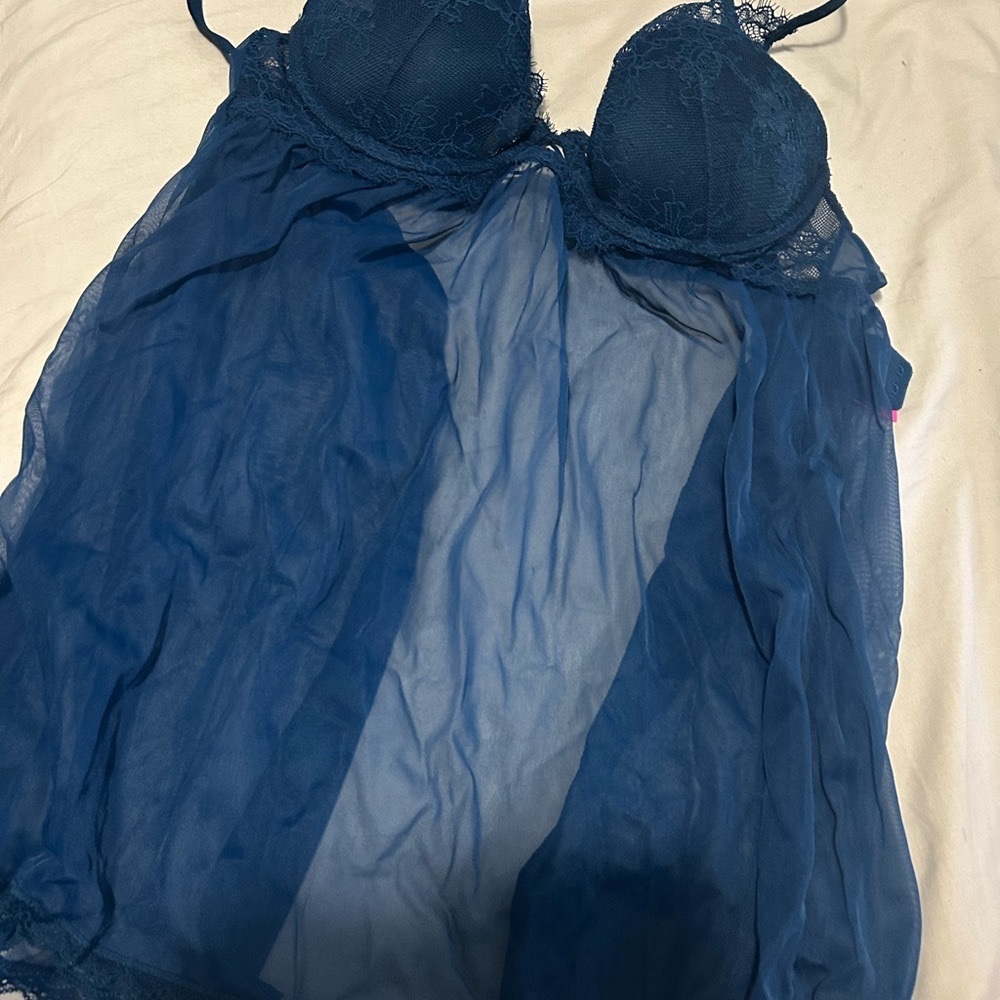Navy Blue Satin Chemise with Built-in Support